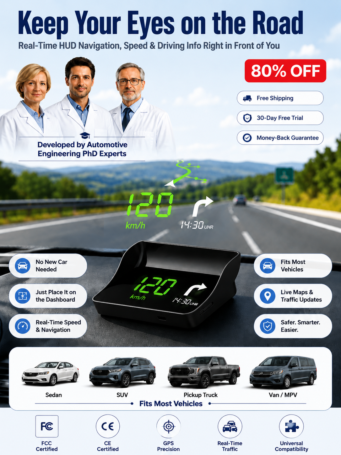 【Smart In-Car HUD Co-Pilot】Works on Sedans, SUVs, Pickups, RVs, and More!