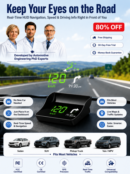 【Smart In-Car HUD Co-Pilot】Works on Sedans, SUVs, Pickups, RVs, and More!